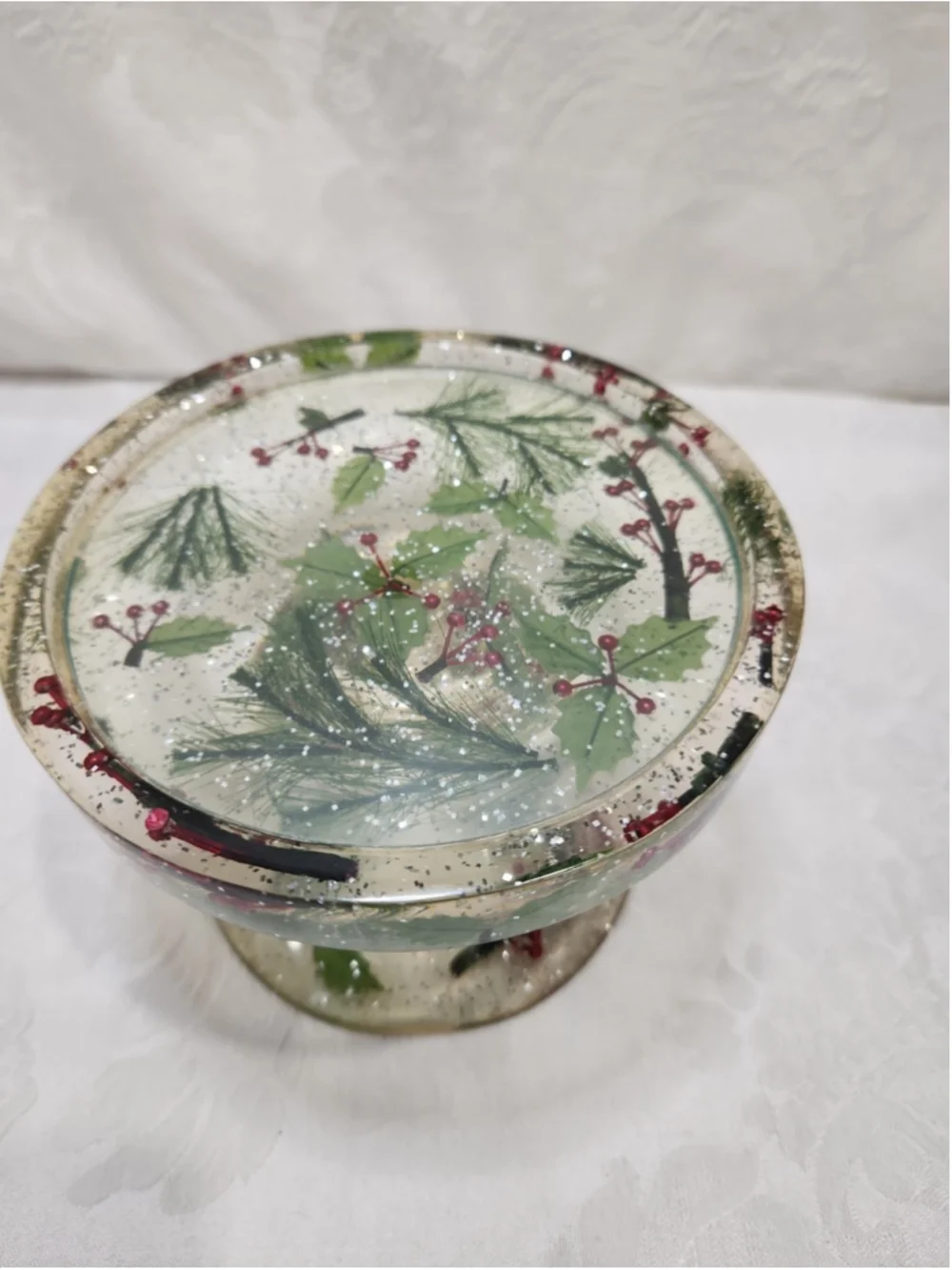 White Barn Acrylic Pillar Candle Holder ~ Holly Pine Glitter,EUC